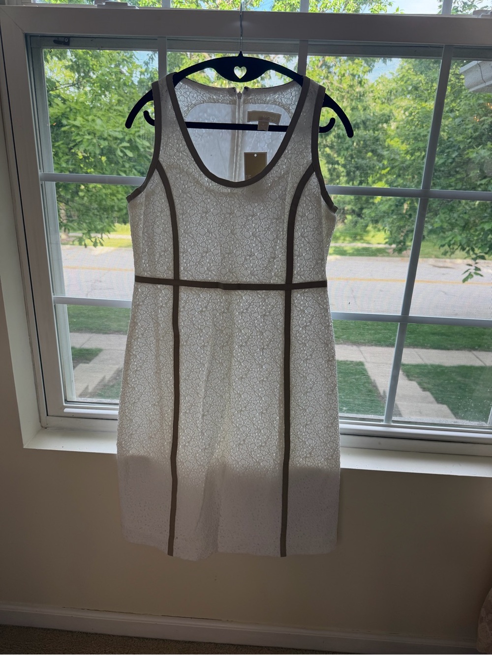 Michael Kors White Lace Midi Dress with Taupe Trim